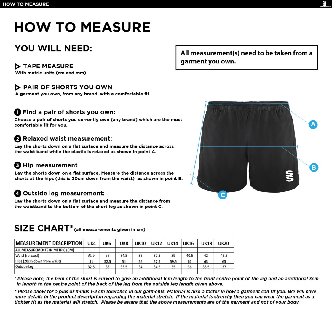 Brunel University - Performance Gym Short - Women's Fit - Size Guide