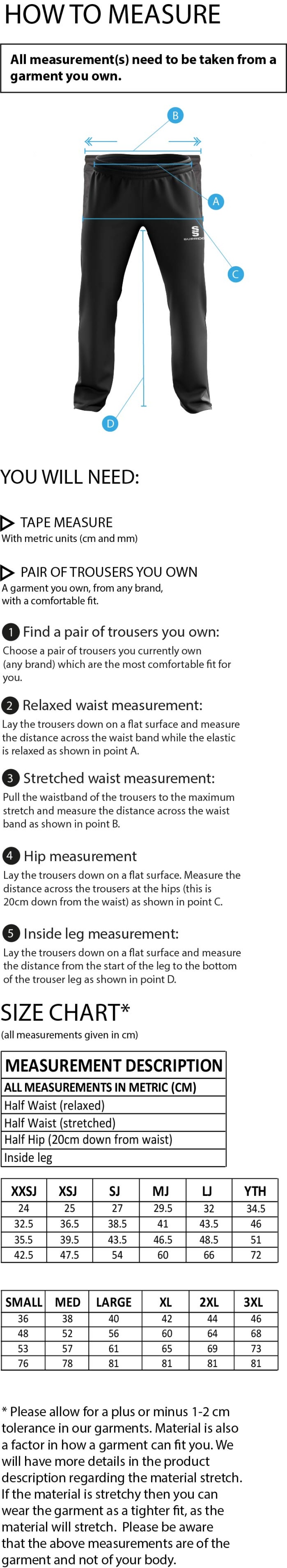 Brunel University - Dual Poplin Track Pant - Unisex Fit - Size Guide