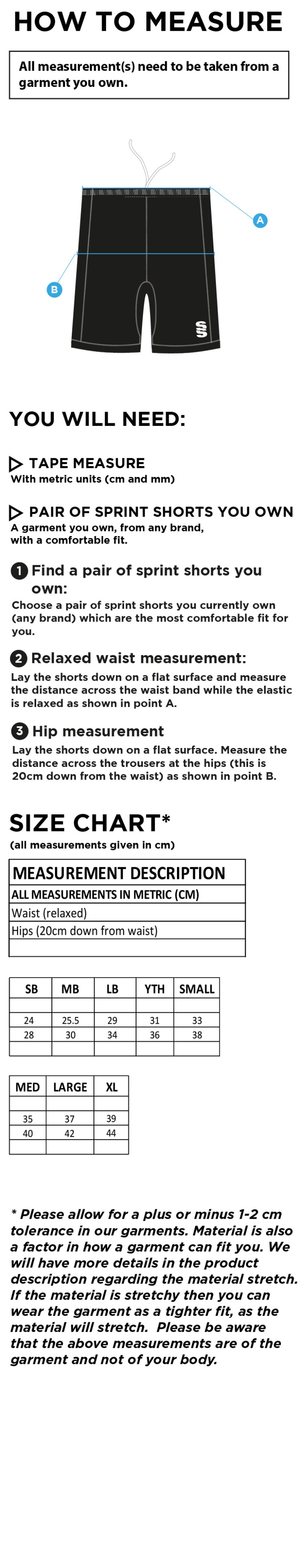 Brunel Athletics - Sprint Shorts - Unisex Fit - Size Guide