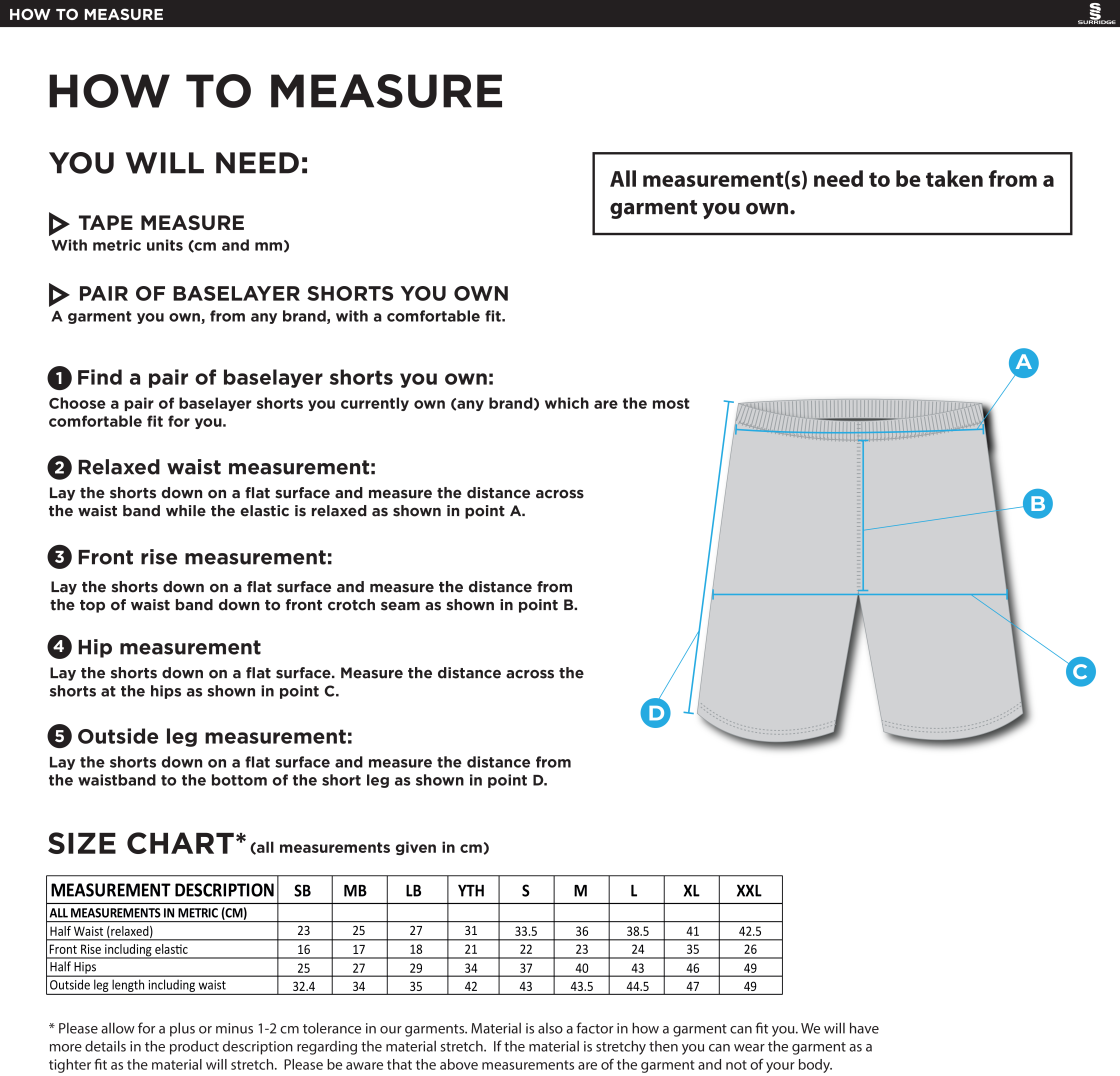 Brunel University - Dual Baselayer Short - Unisex Fit - Size Guide