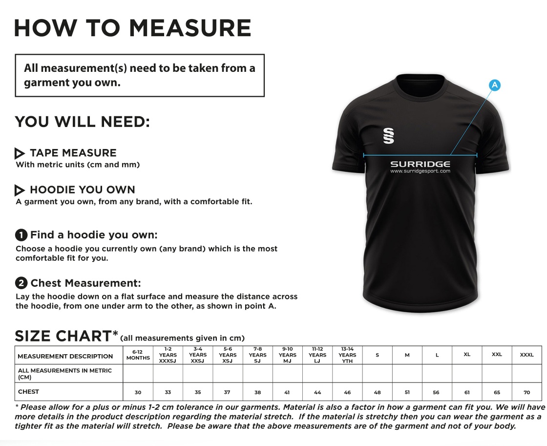 Brunel Hockey - Playing Shirt - Men's Fit - Size Guide