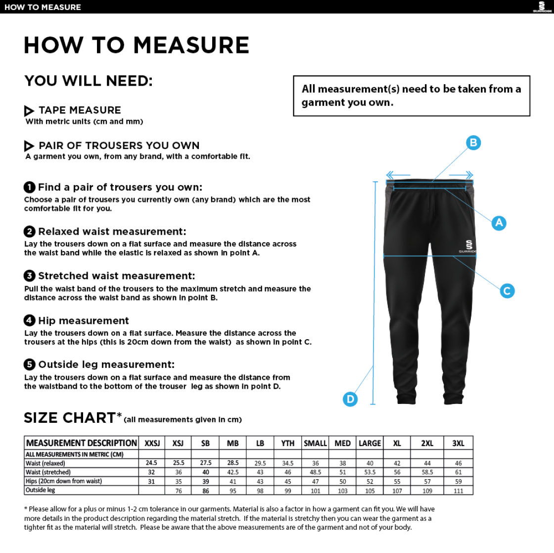 Brunel University - Tek Slim Training Pants - Unisex Fit - Size Guide