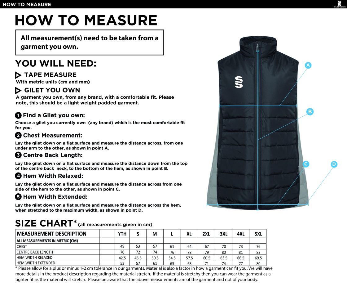 Brunel University - Active Gilet - Unisex Fit - Size Guide