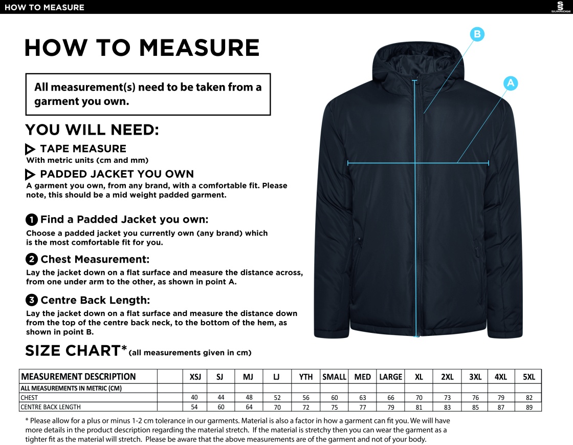 Brunel University - Active Padded Jacket - Unisex Fit - Size Guide
