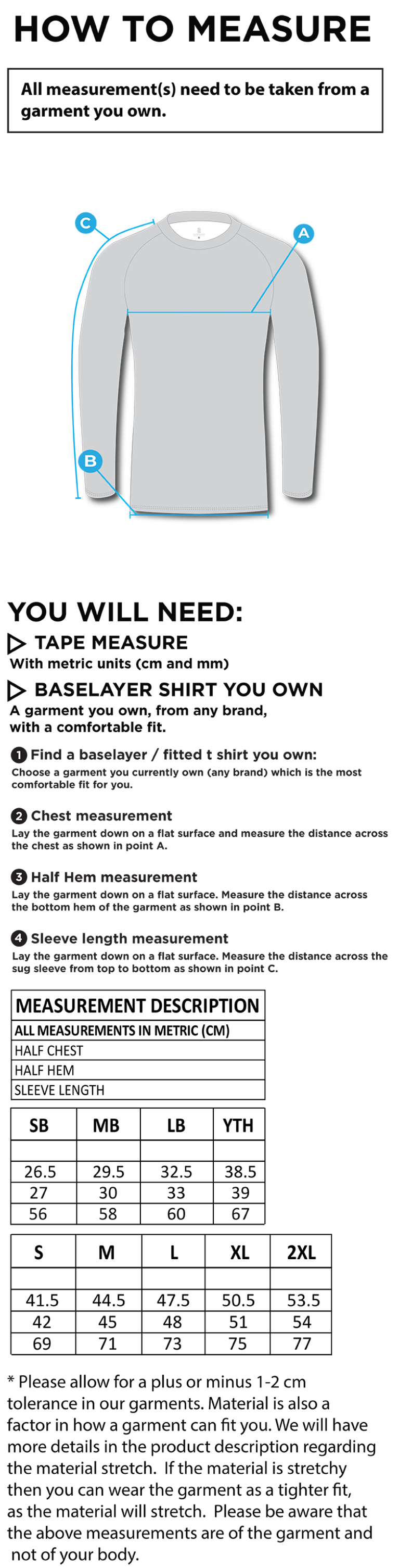 Brunel University - Dual Long Sleeve Baselayer - Unisex Fit - Size Guide