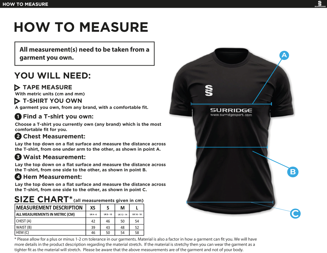 Brunel Athletics - Volt T-Shirt - Women's Fit - Size Guide