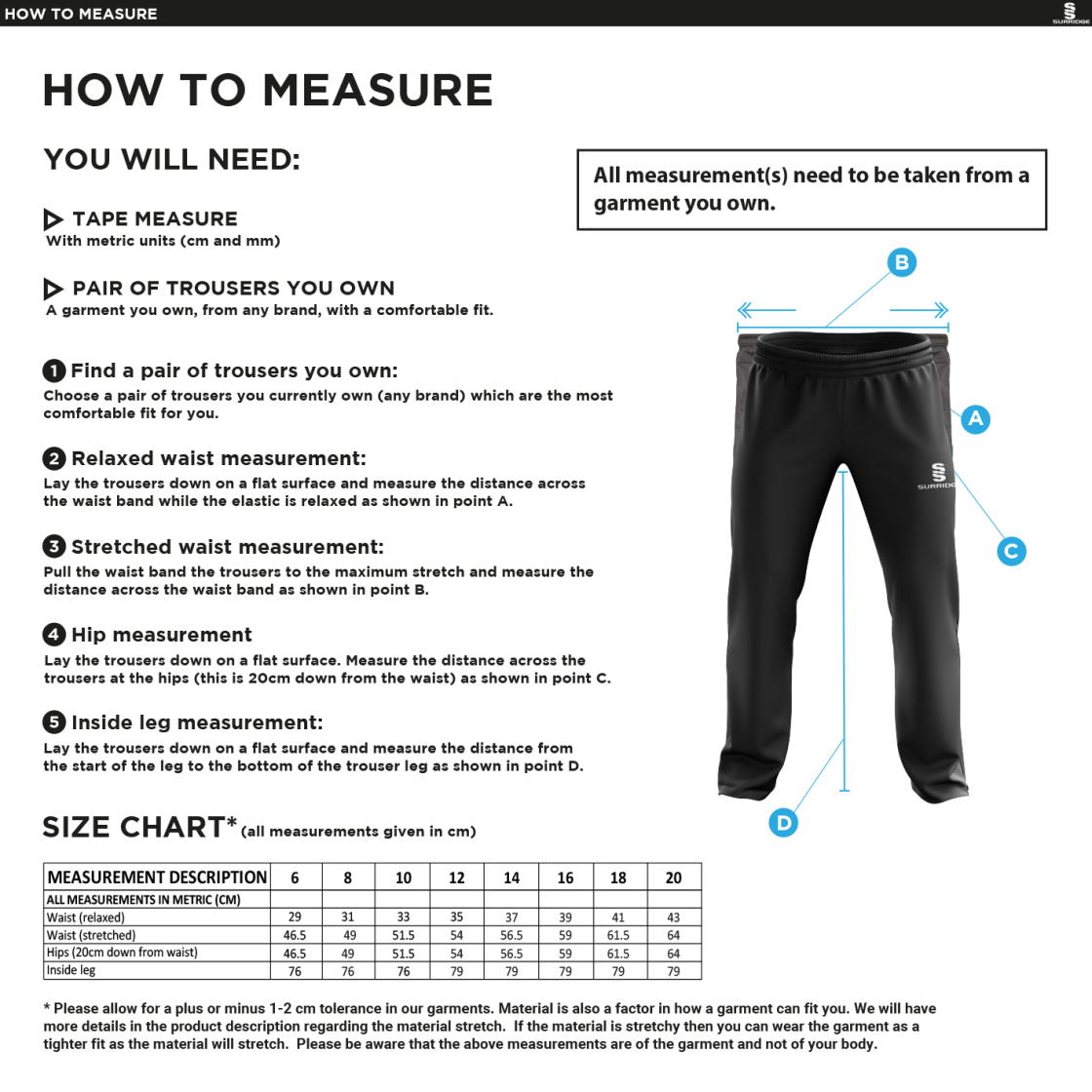 Brunel University - Dual Poplin Track Pant - Women's Fit - Size Guide