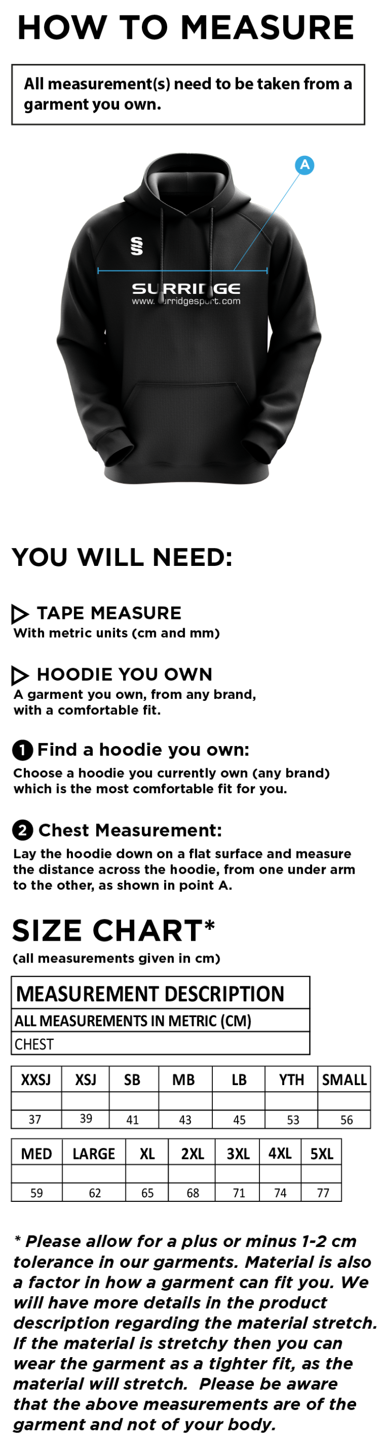 Brunel University Dual Blade Hoodie - Size Guide