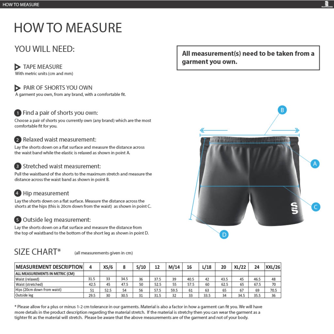 Brunel Libero - Away Shorts - Women's Fit - Size Guide