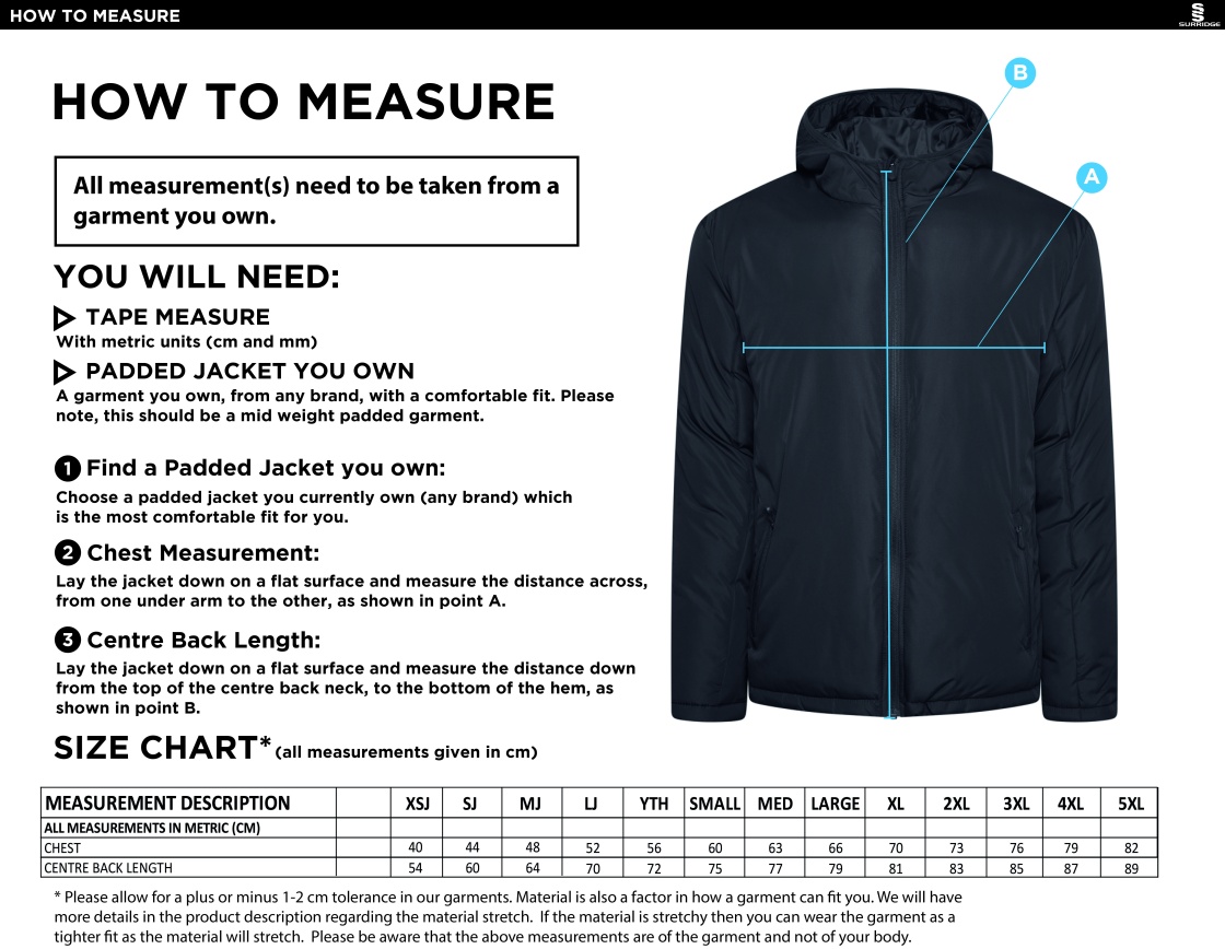 Brunel University - Active Padded Jacket - Unisex Fit - Size Guide