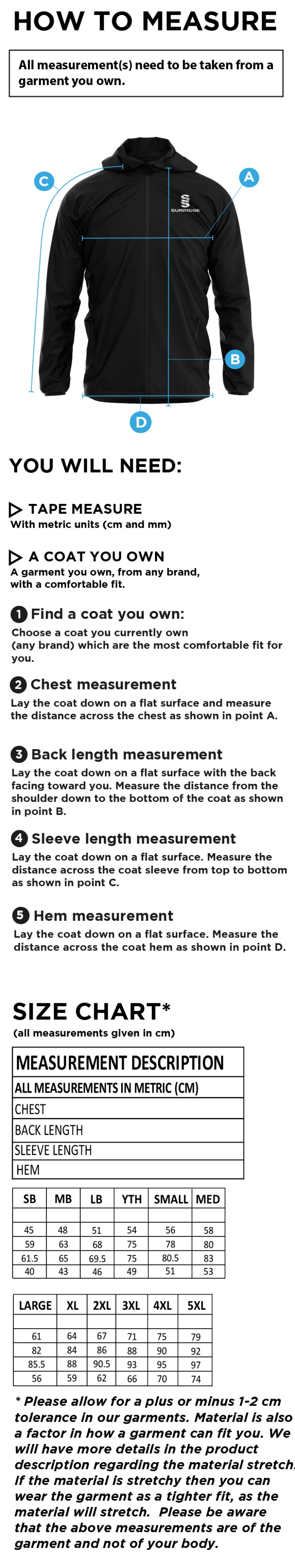 Brunel University Lightweight Full Zip Training Jacket - Size Guide