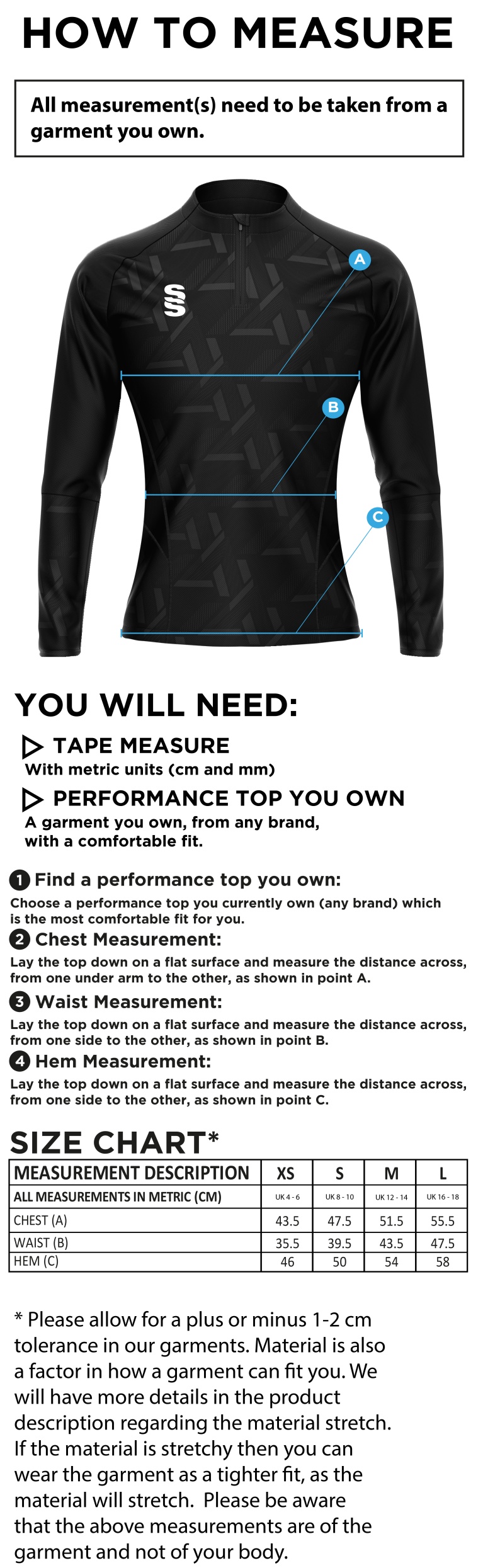 Brunel University - Calisthenics - Volt 1/4 Zip Performance Top - Women's Fit - Size Guide