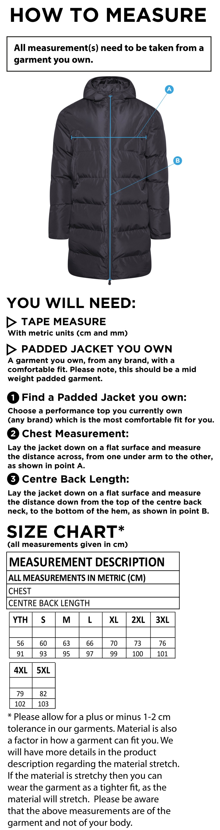 Brunel University - Active Long Padded Jacket - Unisex Fit - Size Guide