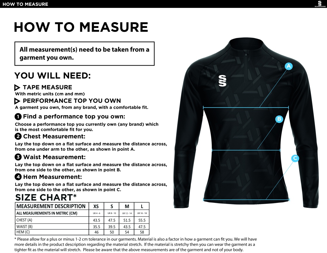 Brunel University - Climbing - Volt 1/4 Zip Performance Top - Women's Fit - Size Guide