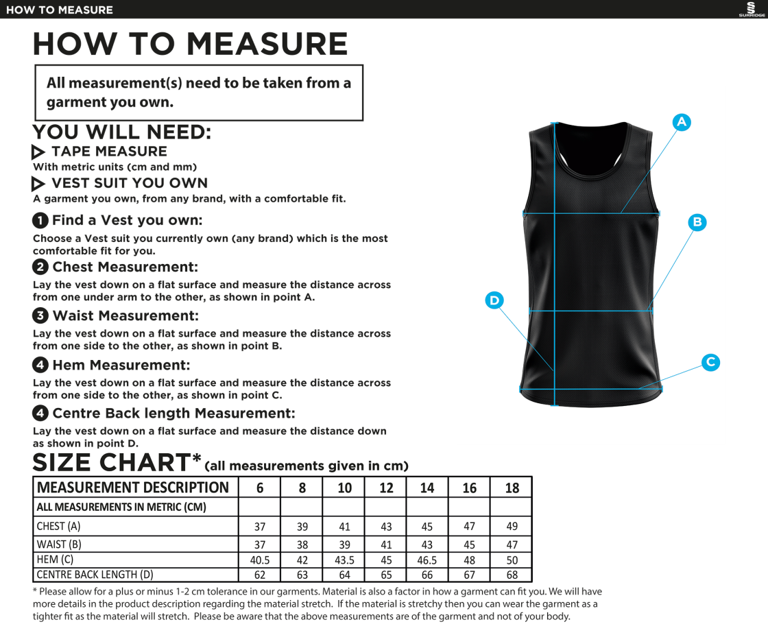 Brunel Athletics - Vest - Women's Fit - Size Guide