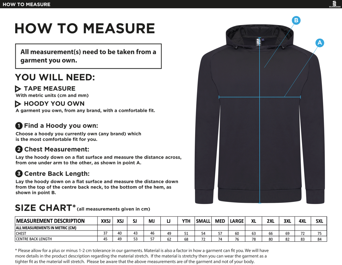 Brunel University - Calisthenics - Volt Hoody - Unisex Fit - Size Guide