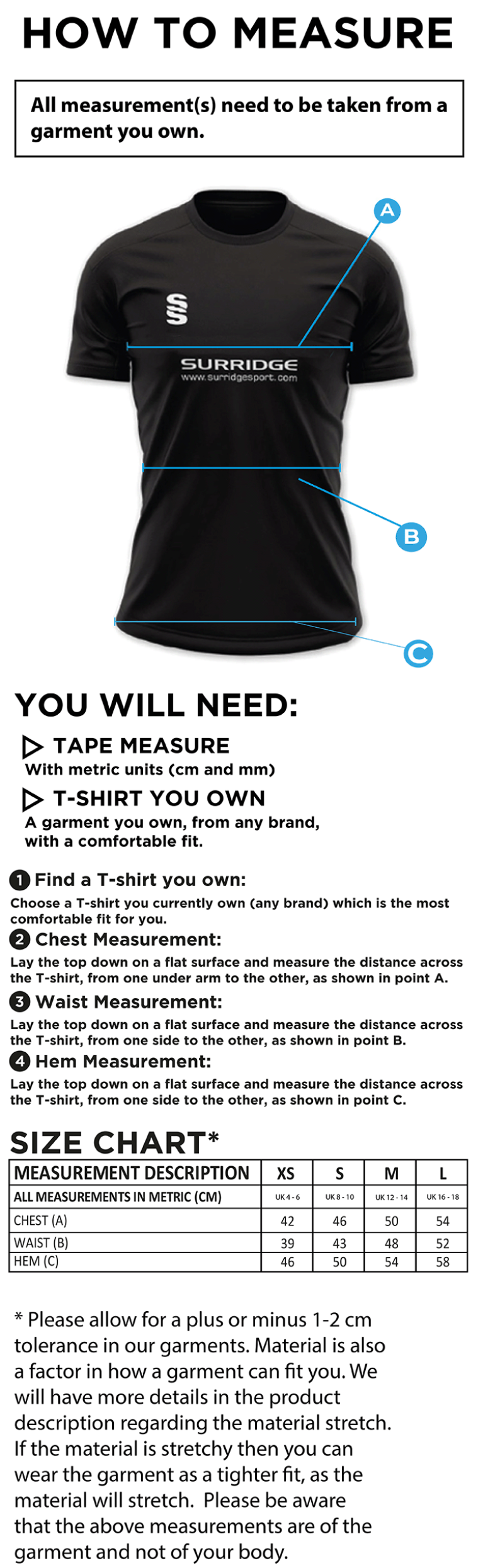 Brunel Athletics - Volt T-Shirt - Women's Fit - Size Guide