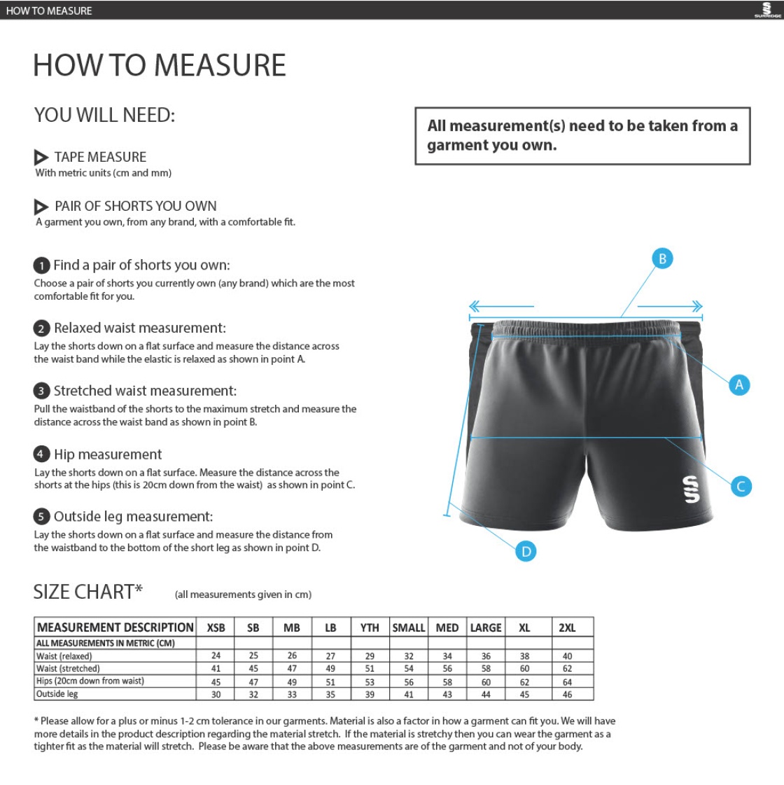 Brunel Hockey - Shorts - Men's Fit - Size Guide