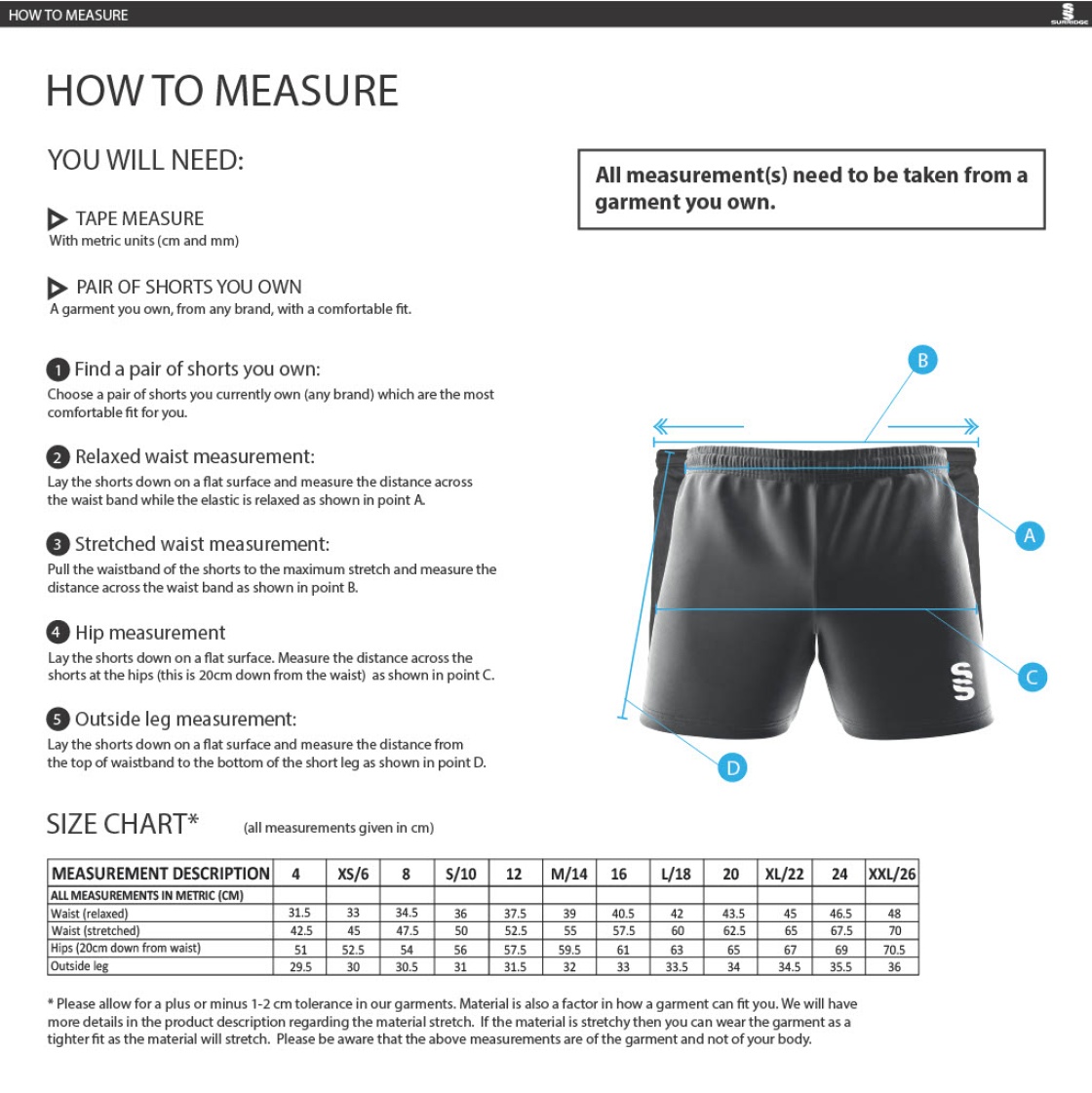 Brunel Ultimate Frisbee - Home Shorts - Women's Fit - Size Guide