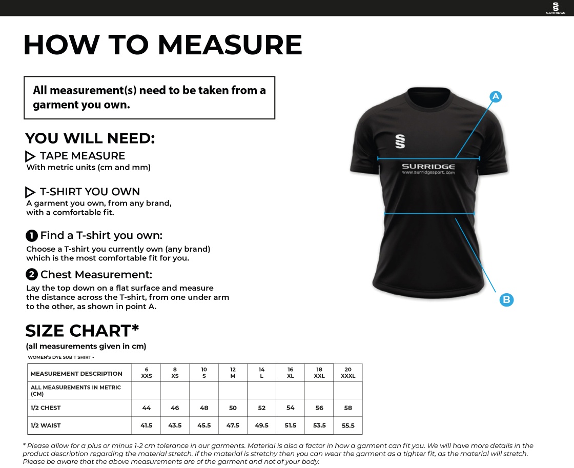 Brunel Hockey - Playing Shirt - Women's Fit - Size Guide