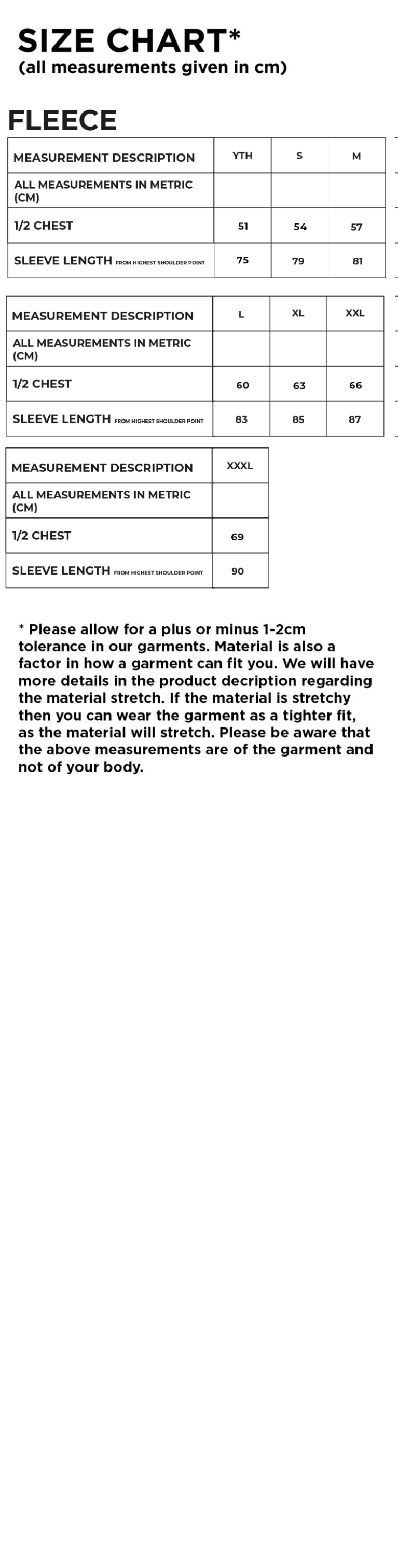 Brunel Fleece - Size Guide