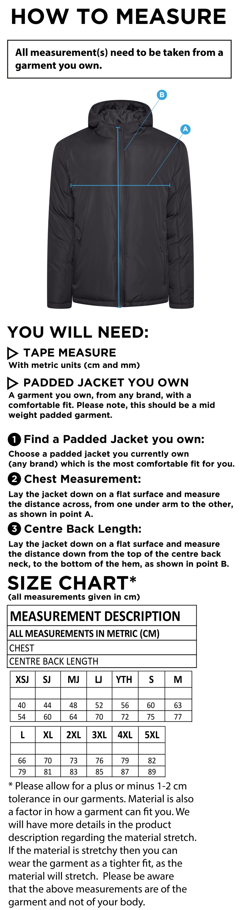 Brunel University - Active Padded Jacket - Unisex Fit - Size Guide