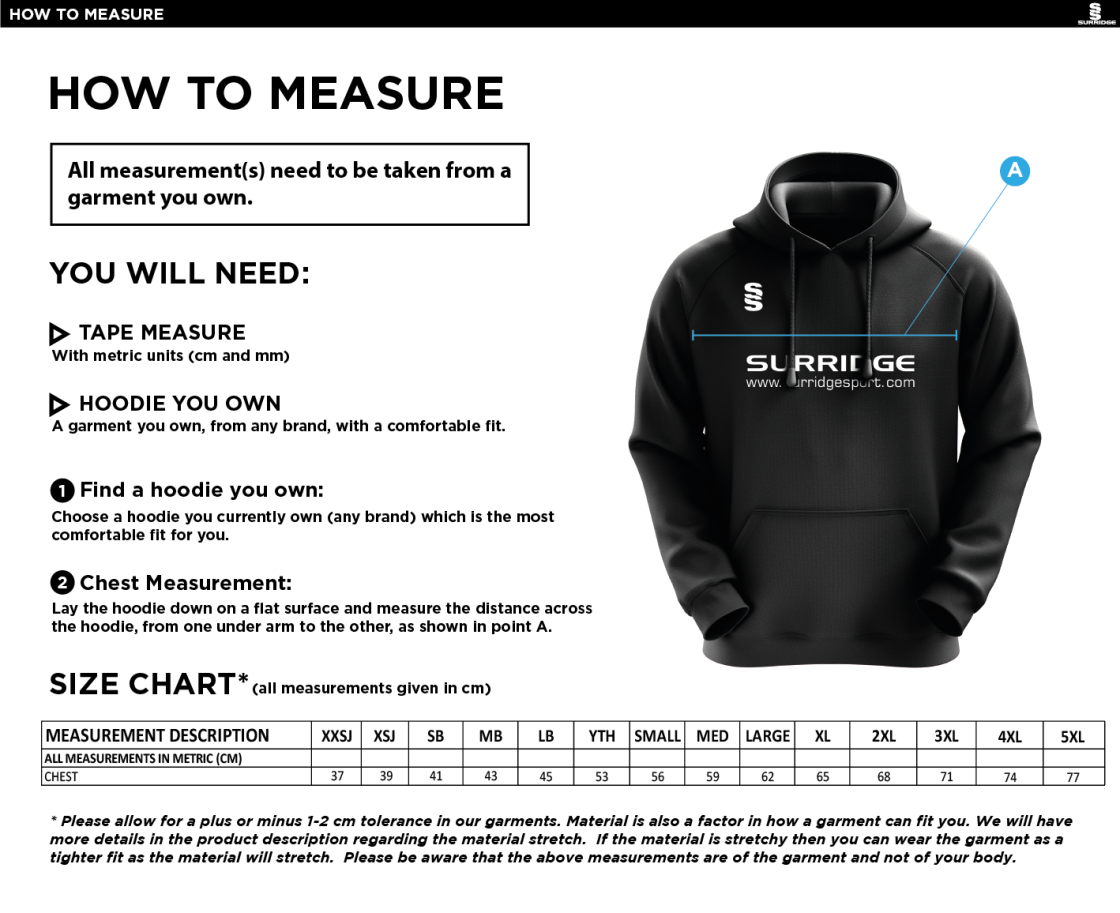 Brunel University Dual Blade Hoodie - Size Guide