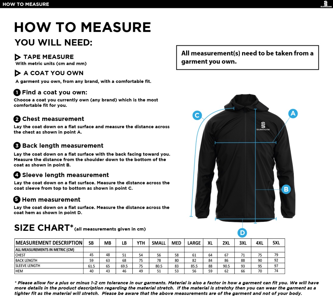 Brunel University Lightweight Full Zip Training Jacket - Size Guide