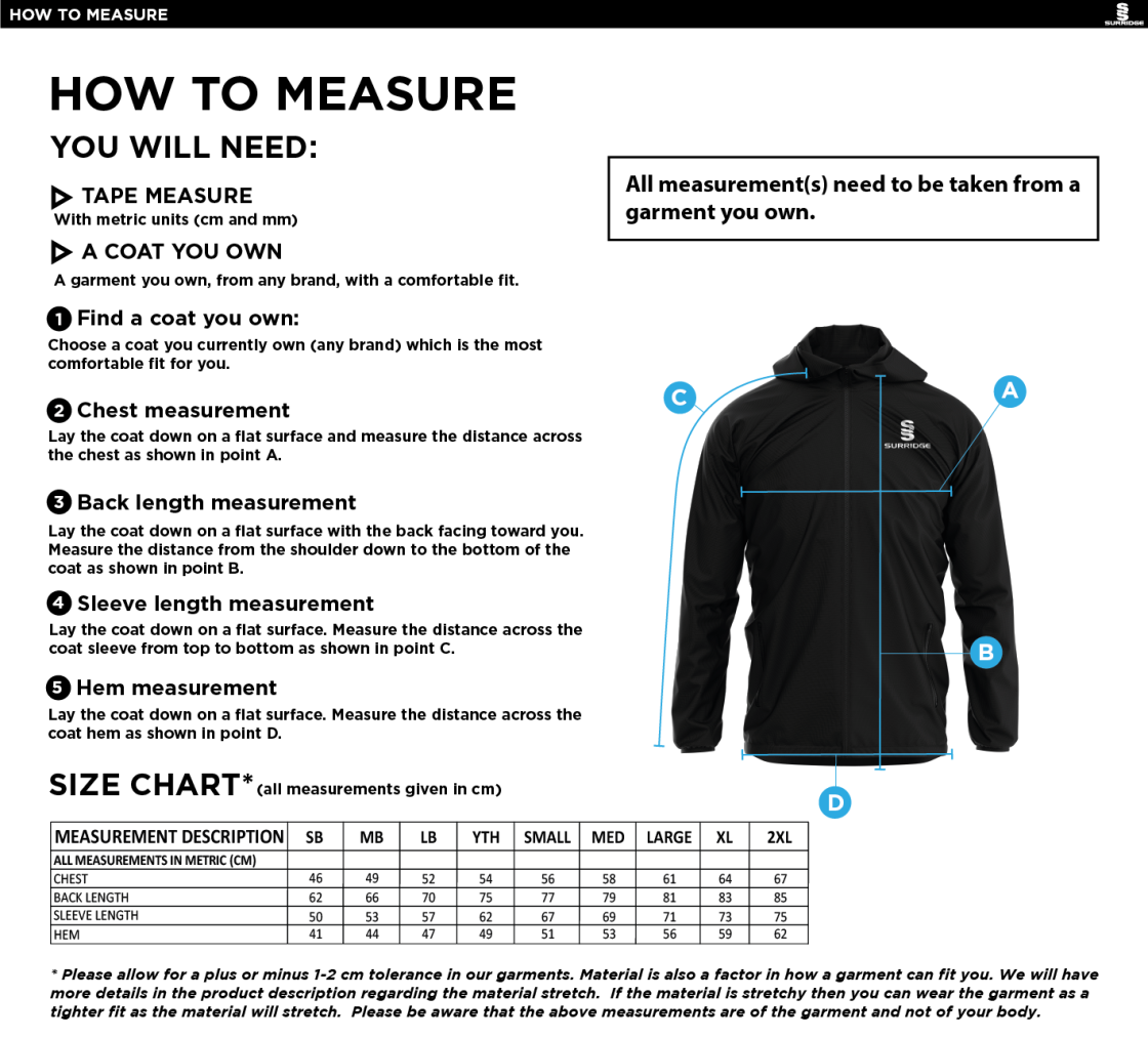 Brunel University Lightweight Full Zip Training Jacket - Size Guide