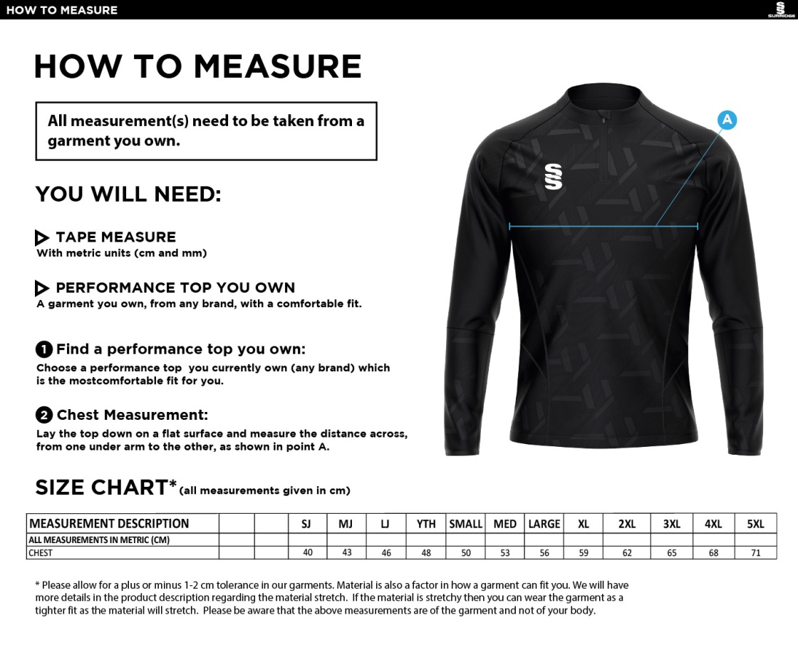 Brunel University - Volt 1/4 Zip Performance Top - Unisex Fit - Size Guide