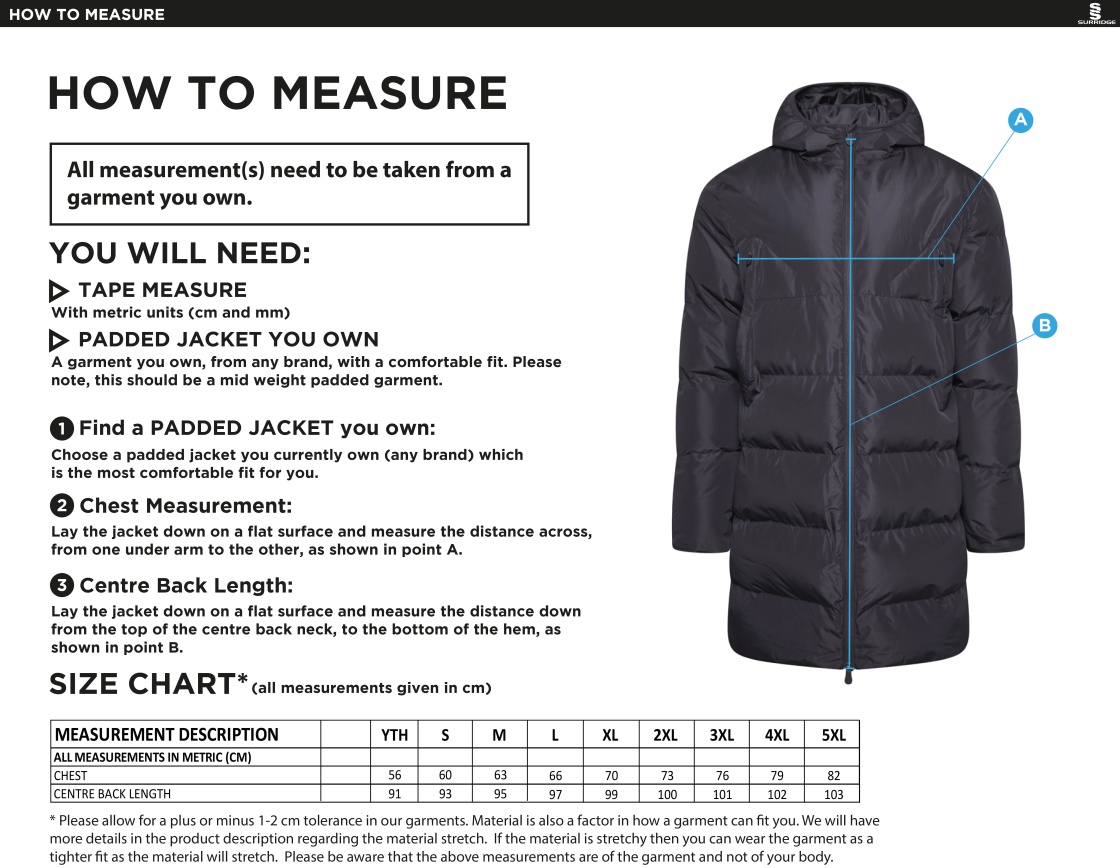 Brunel University - Active Long Padded Jacket - Unisex Fit - Size Guide