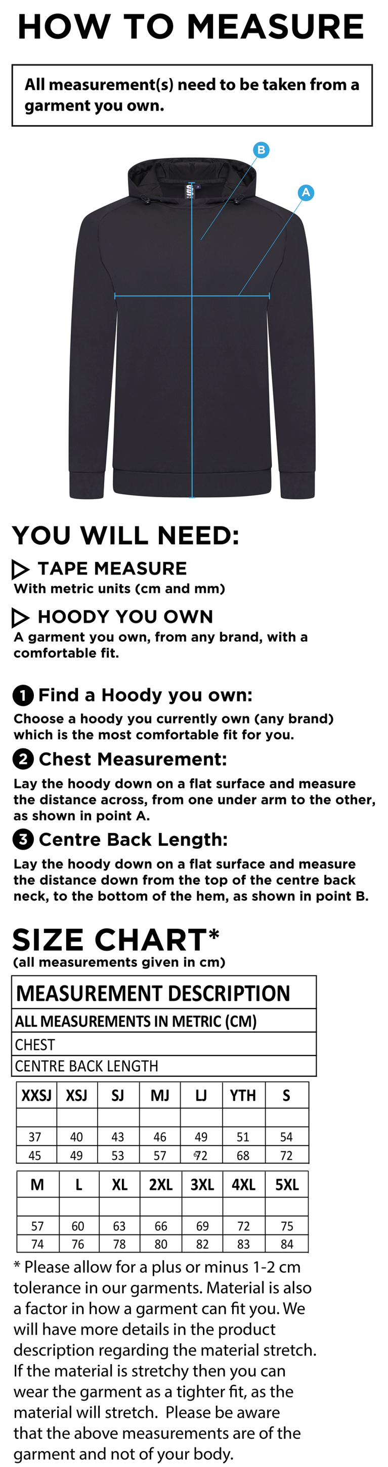 Brunel University - Calisthenics - Volt Hoody - Unisex Fit - Size Guide