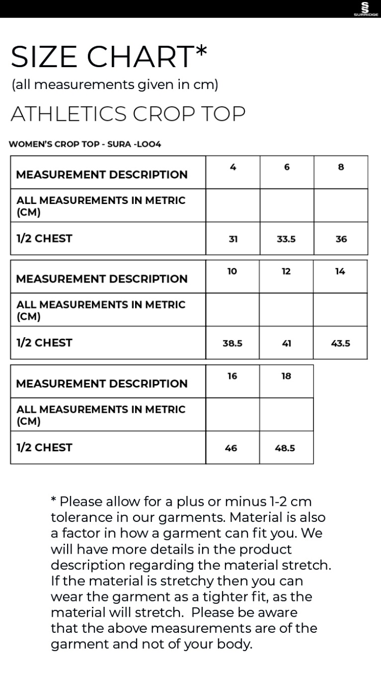 Brunel Athletics - Crop Top - Size Guide