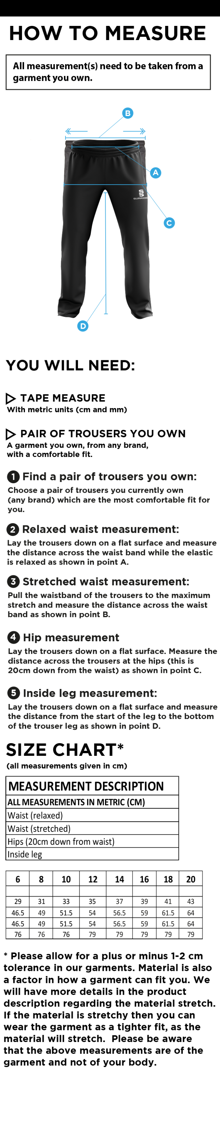 Brunel University - Dual Poplin Track Pant - Women's Fit - Size Guide