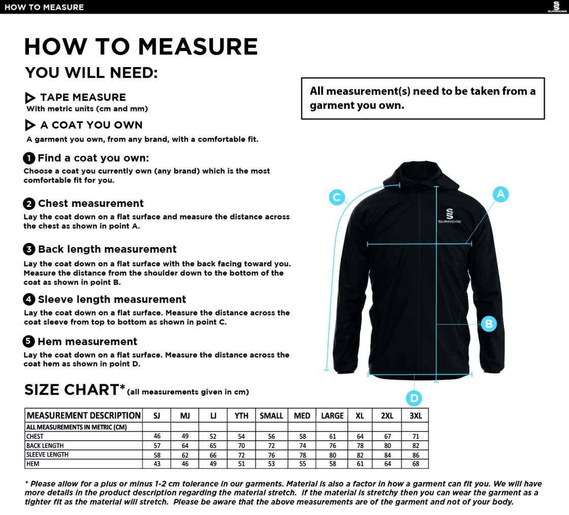 Brunel University - Dual Elite 1/4 Zip Hoody / Rain Jacket - Unisex Fit - Size Guide